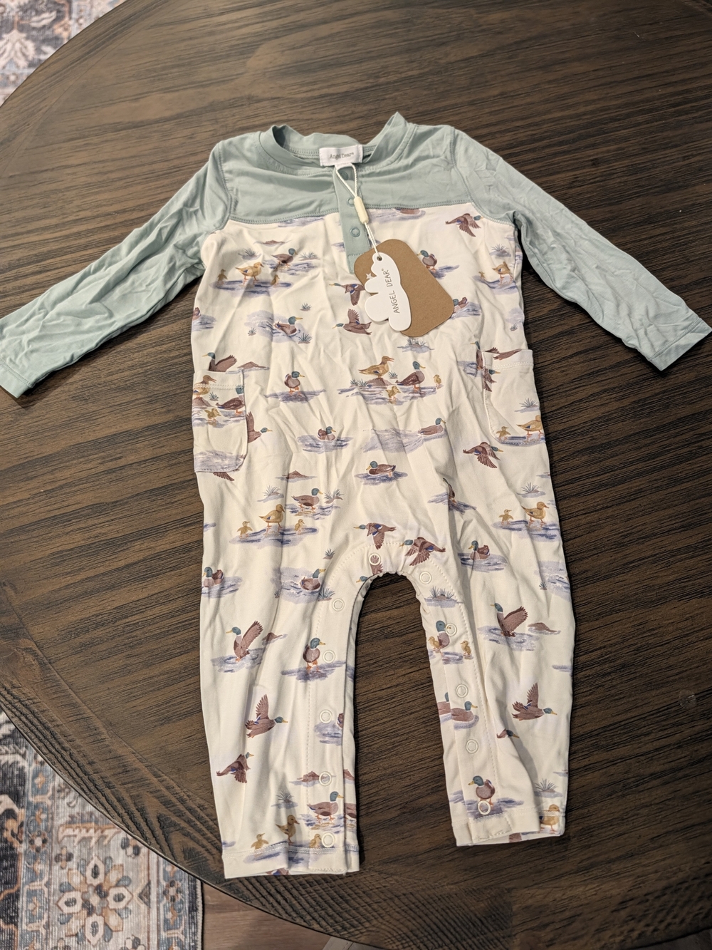 NWT Angel Dear Sage & Cream Duck Print Baby One-Piece